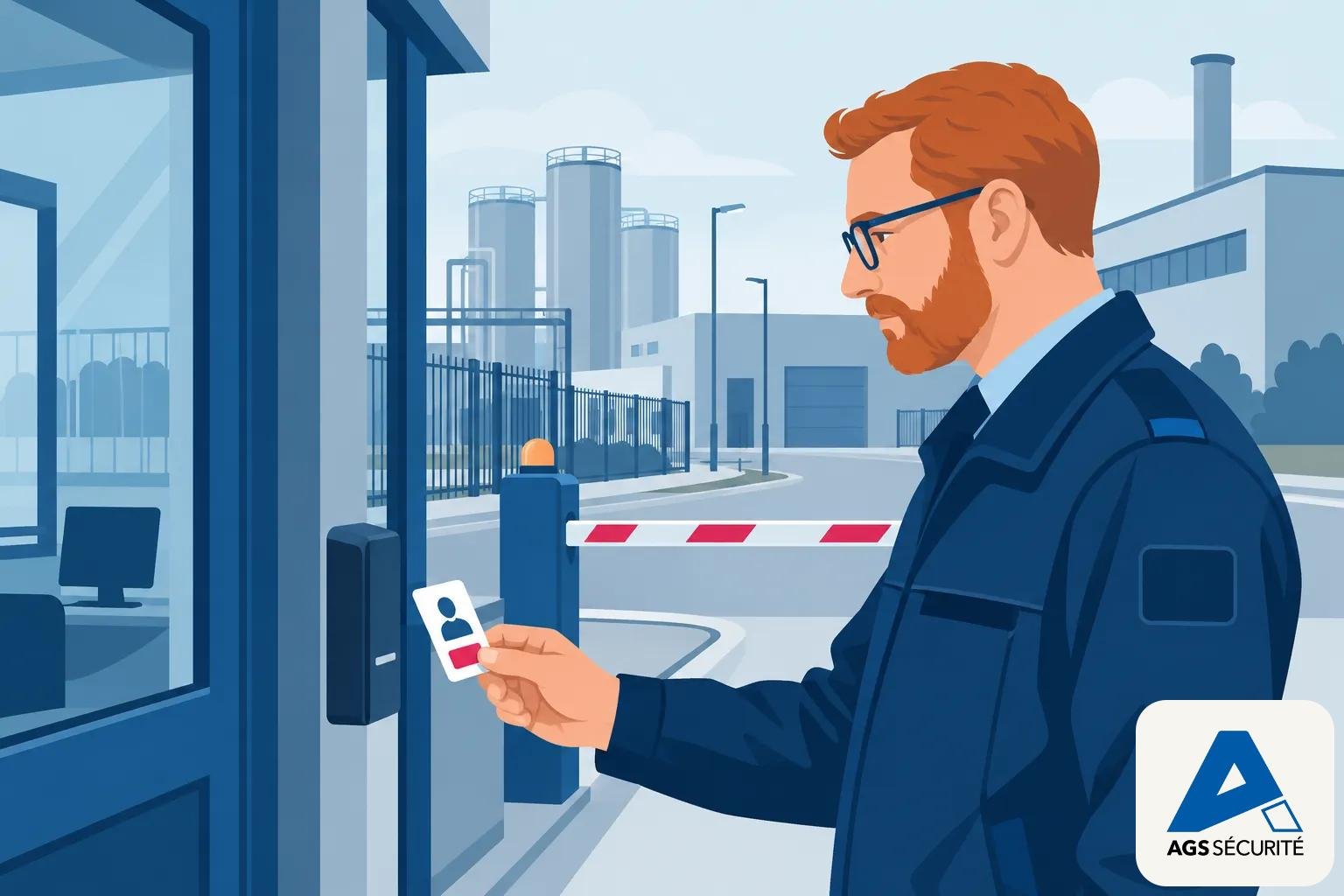Agent de sécurité à l’entrée d’un site, tenant une badge d’accès devant une barrière.