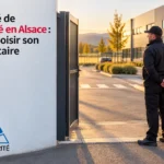 Un agent de sécurité surveille l’entrée d’un site depuis un portail ouvert.
