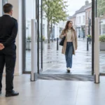 Un agent de sécurité se tient près de l’entrée d’un magasin tandis qu’une cliente s’approche.