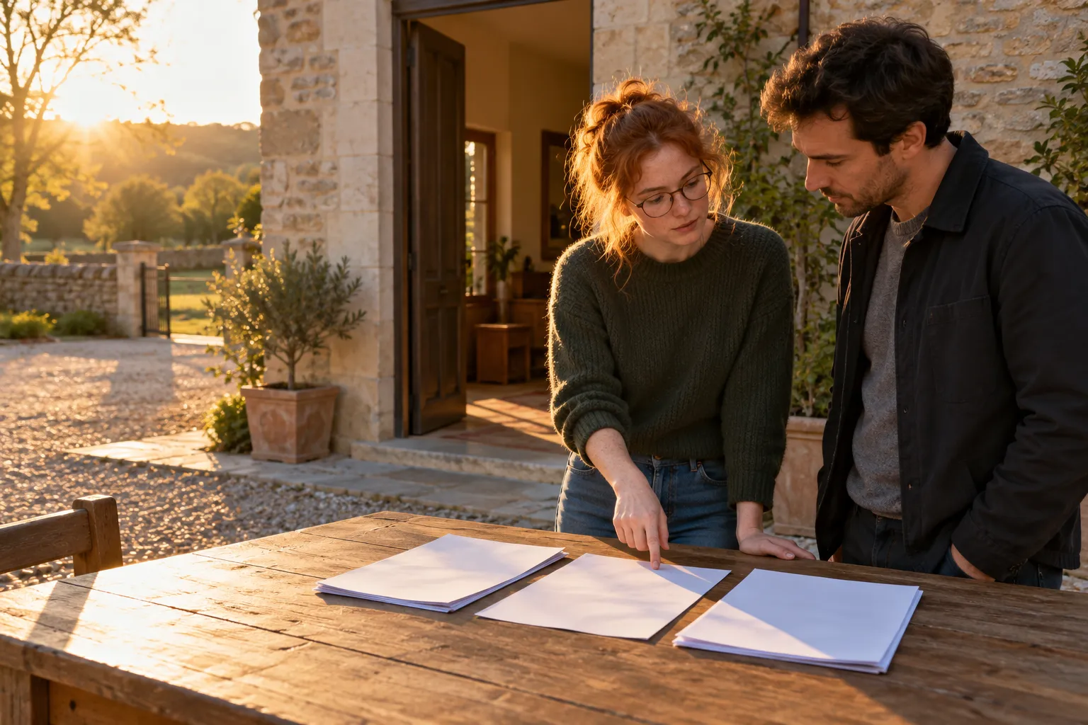 Deux personnes comparent des documents posés sur une table devant une maison en pierre.