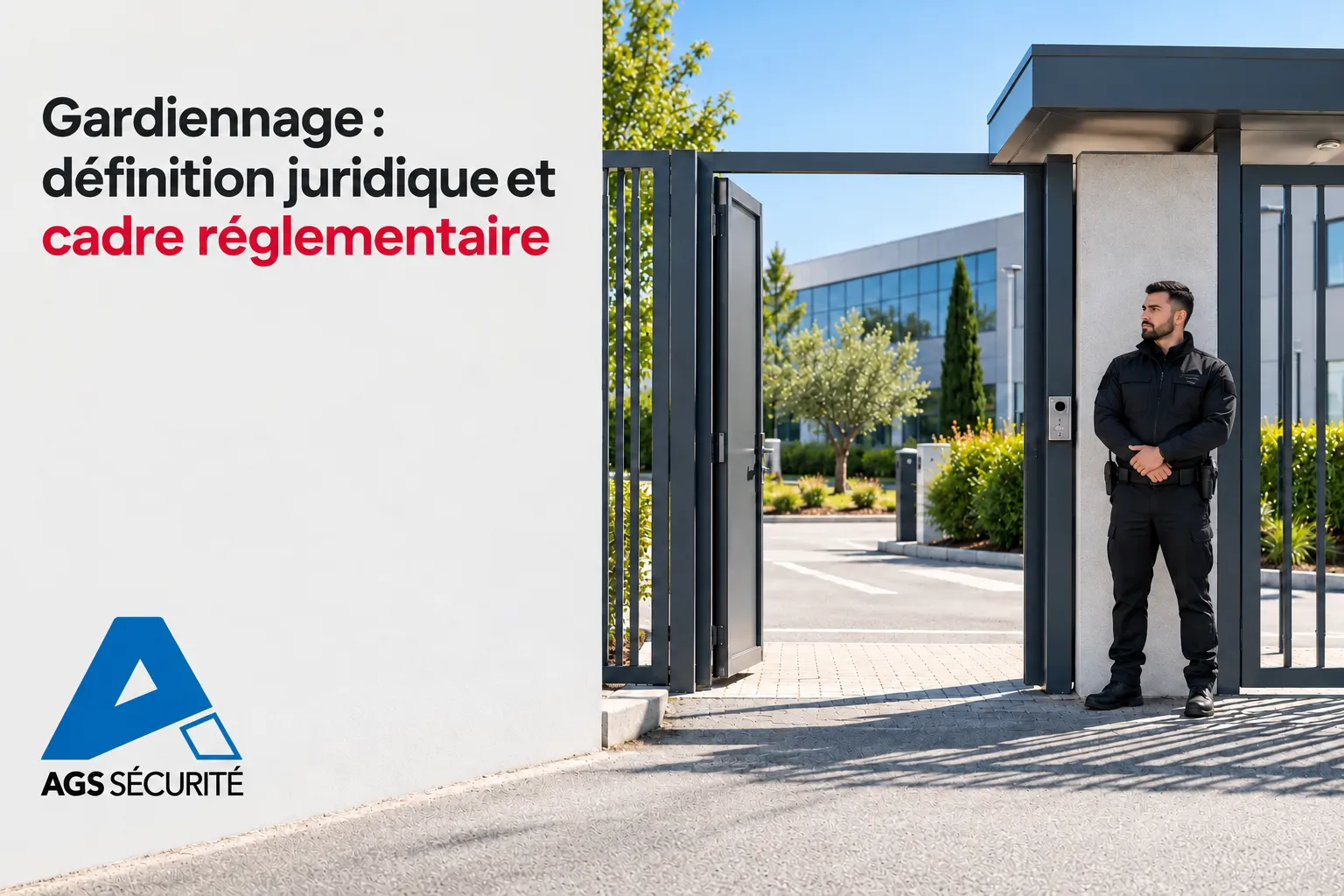 Gardiennage : définition juridique et cadre réglementaire : agent de sécurité devant un portail d’entrée d’entreprise, logo