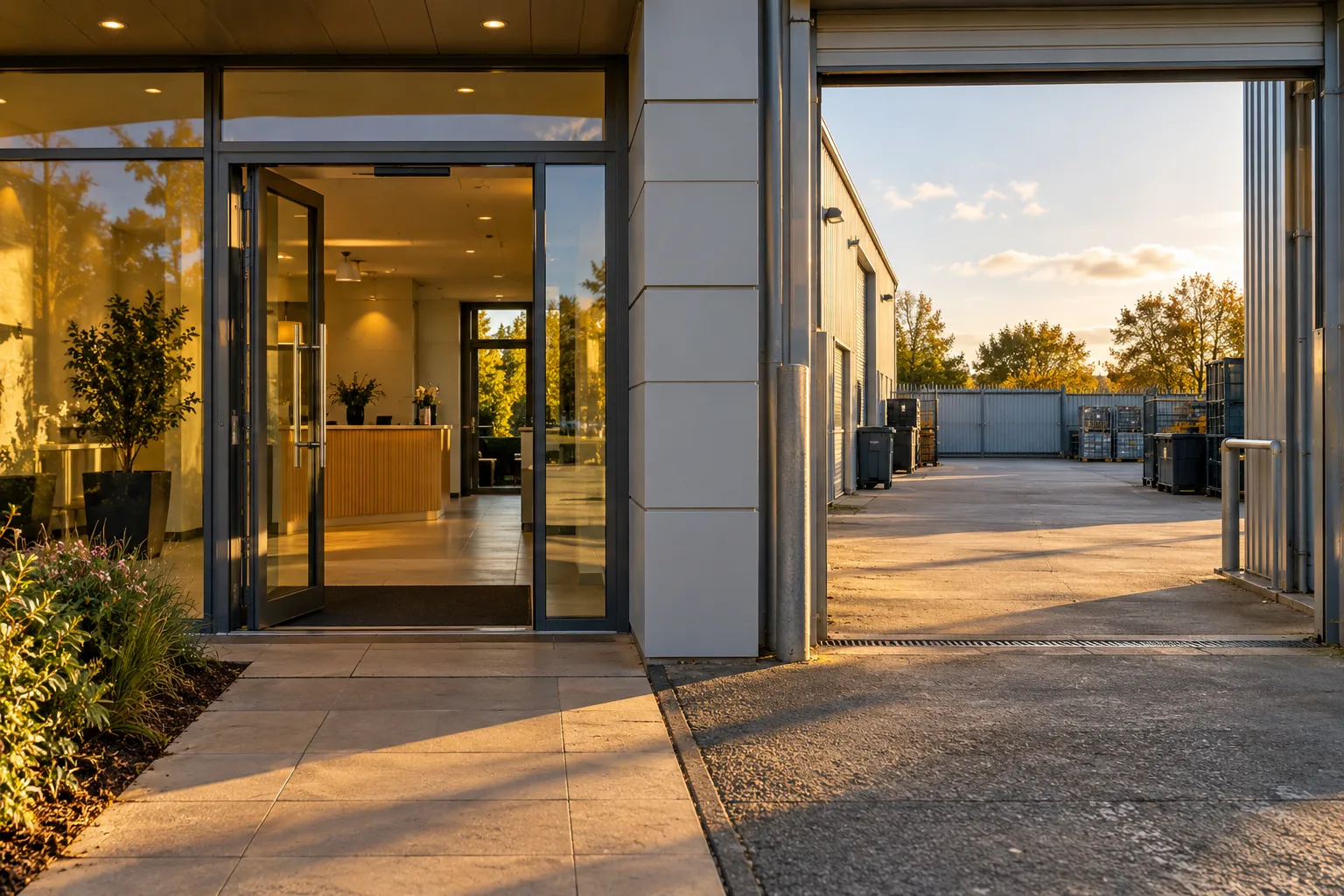 L’entrée vitrée d’un bâtiment jouxte un accès ouvert sur une cour.