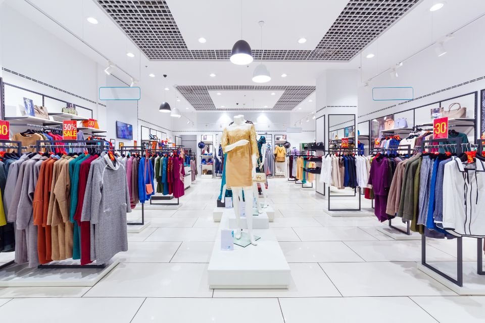 Des mannequins et des portants de vêtements sont disposés dans un magasin lumineux.