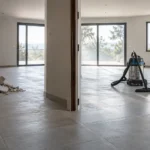 Solennel intérieur de maison en travaux avec débris sur le sol et aspirateur professionnel près d’une fenêtre.