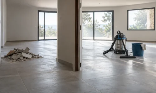 Solennel intérieur de maison en travaux avec débris sur le sol et aspirateur professionnel près d’une fenêtre.